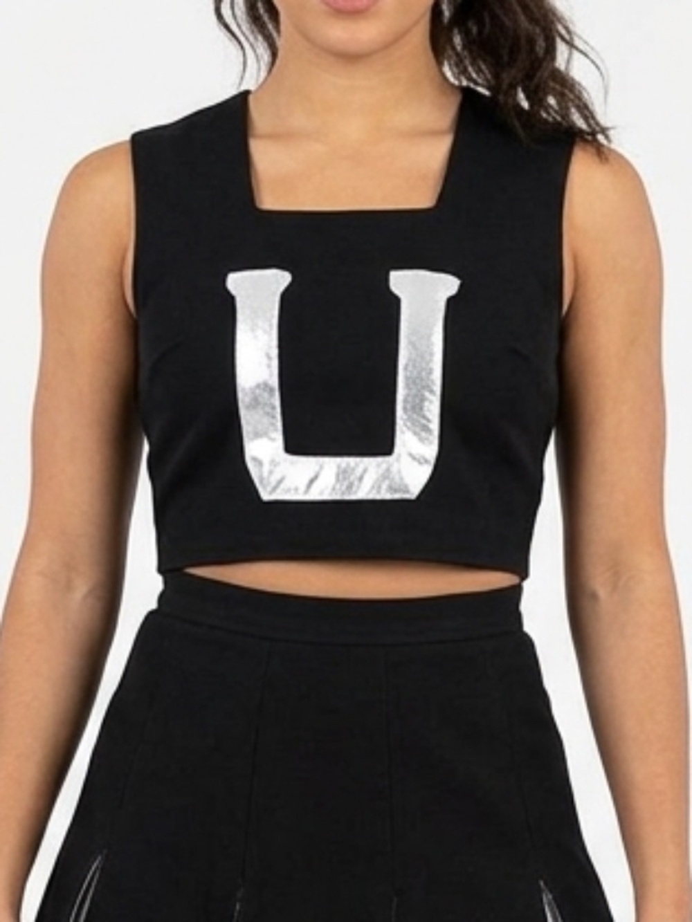 Vintage black silver Cheerleader Majorette crop top split hem mini skirt set